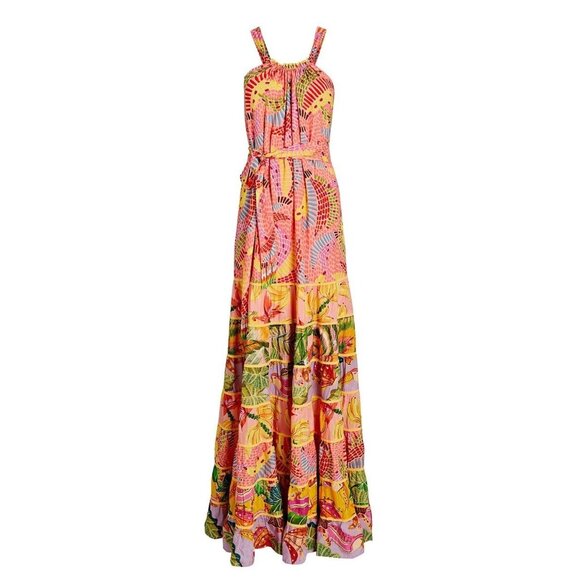 FARM Rio Maxi Dress XL Mixed Prints Floral Tiered Strappy Halter Pink - Picture 15 of 16